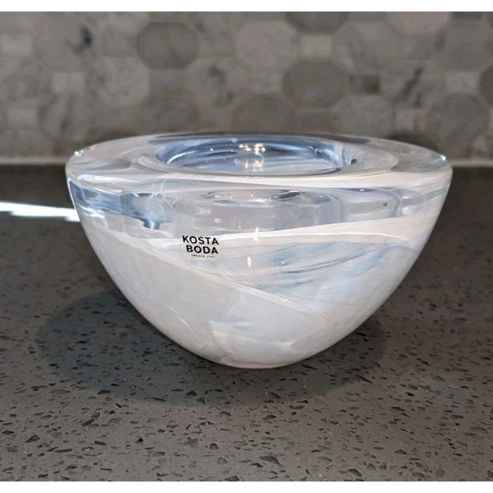 Kosta Boda Atoll Votive White Swirl Glass Anna Ehrner Sweden